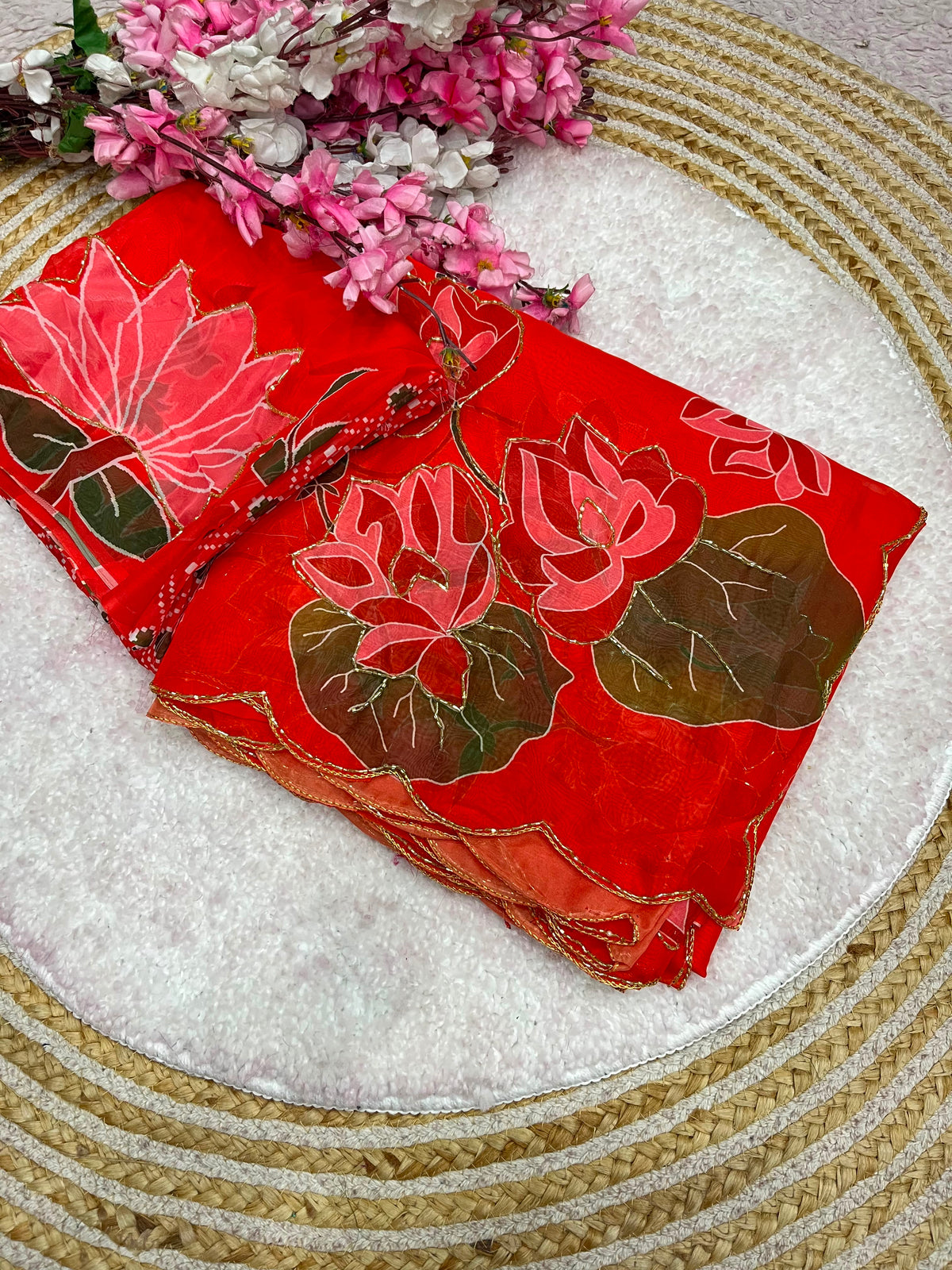 Beautiful lotus floral print saree with cutdana work