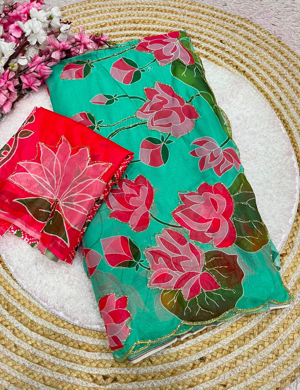 Beautiful lotus floral print saree with cutdana work
