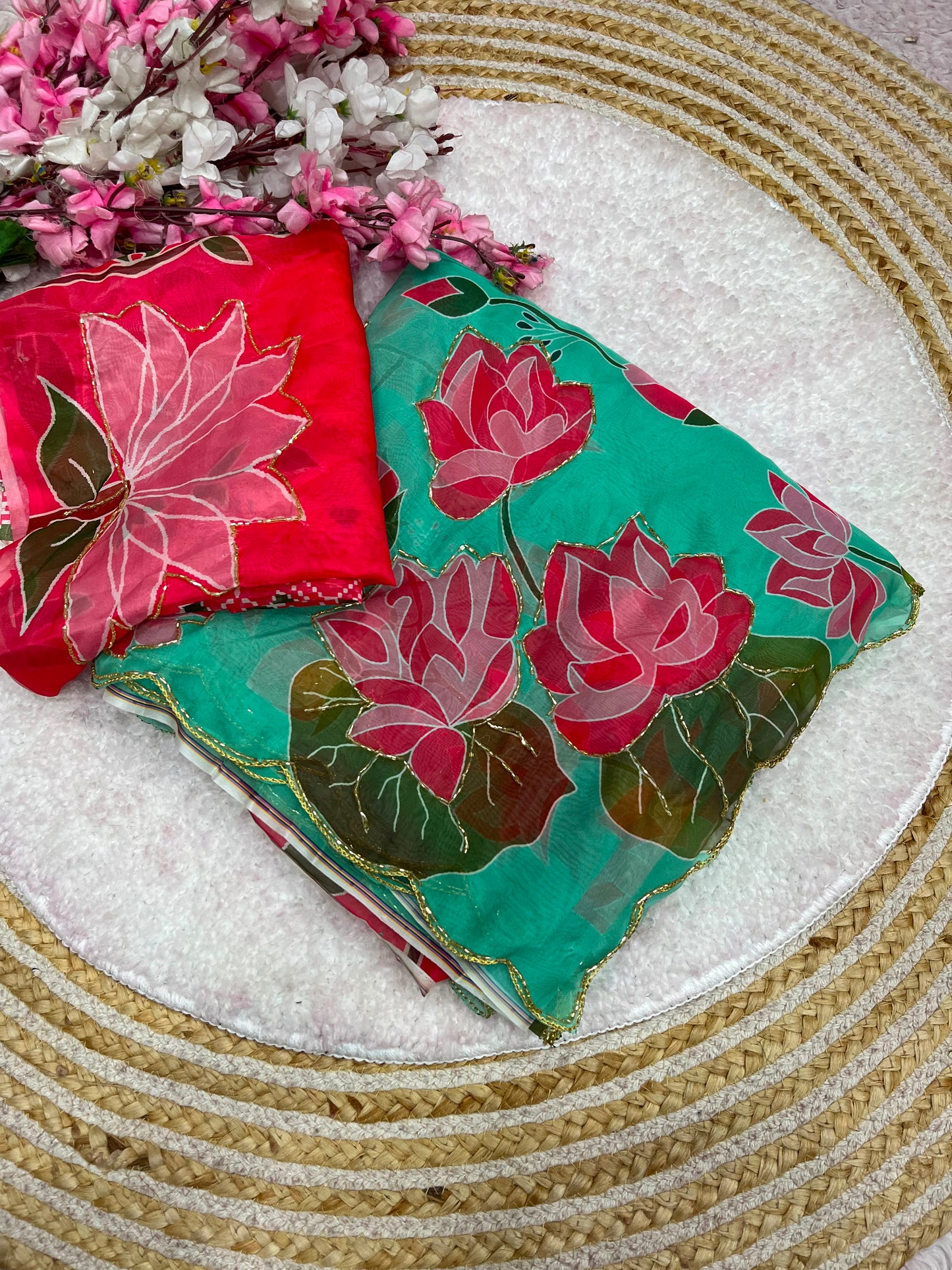 Beautiful lotus floral print saree with cutdana work