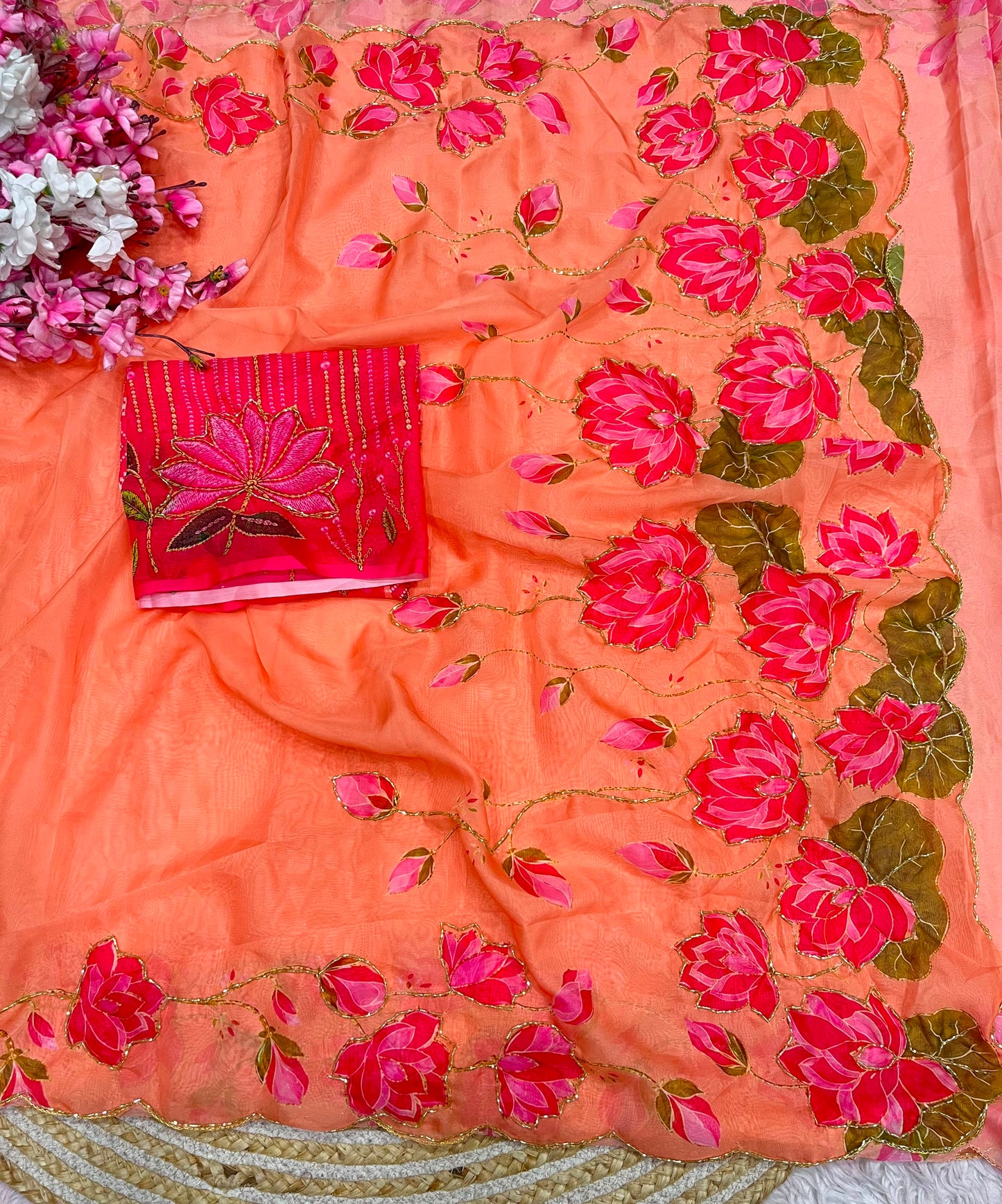 Beautiful lotus floral print saree with cutdana work