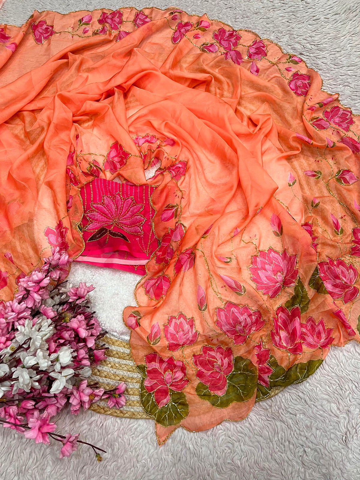 Beautiful lotus floral print saree with cutdana work