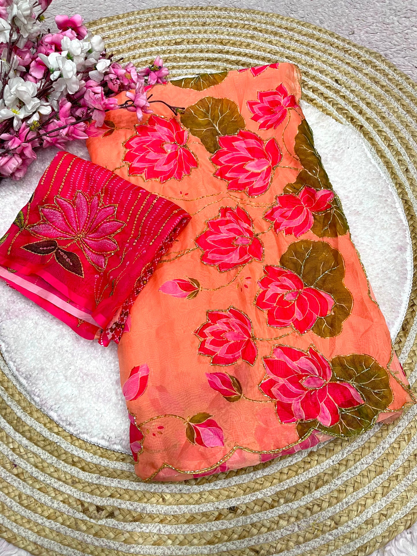 Beautiful lotus floral print saree with cutdana work