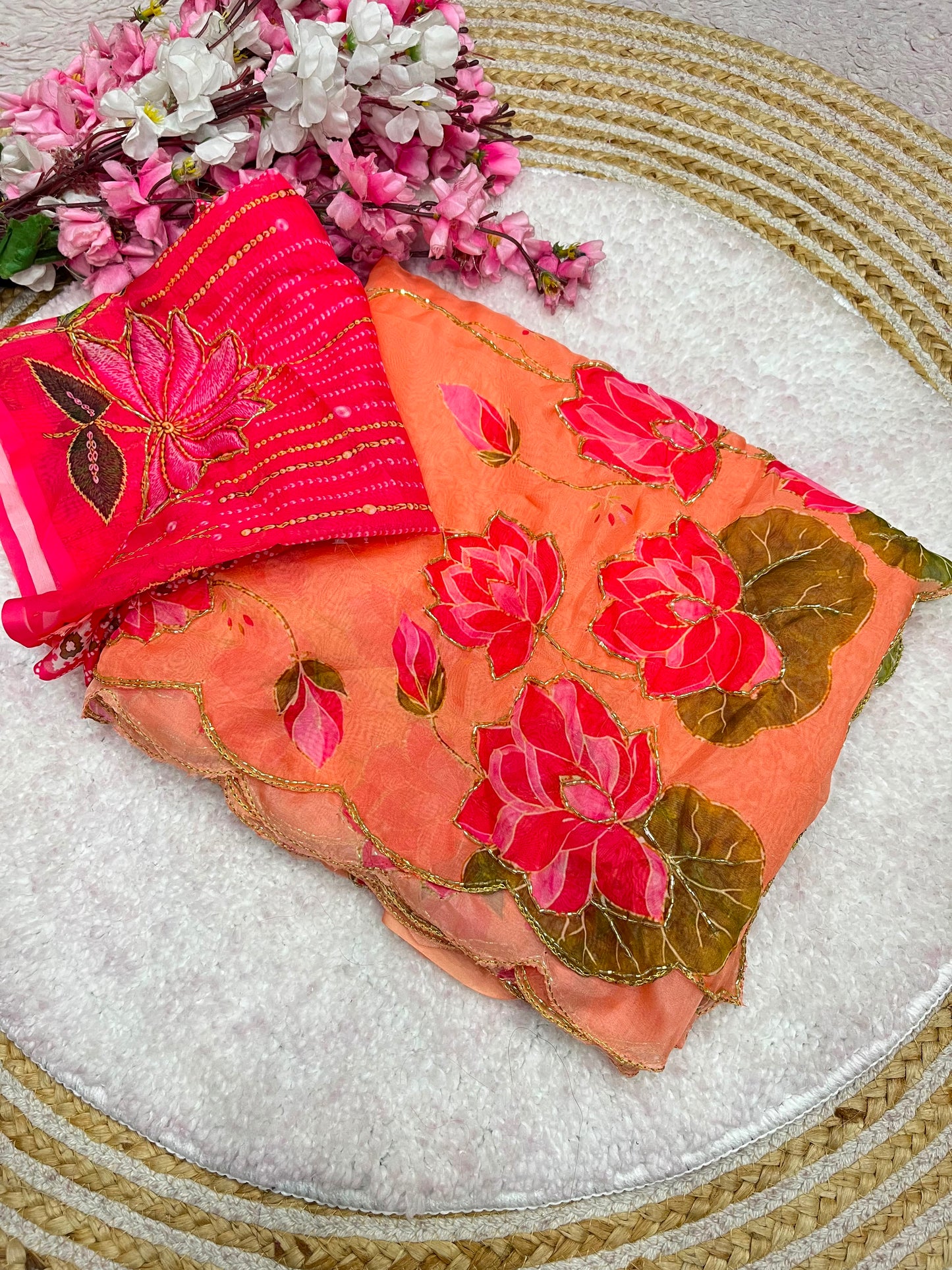 Beautiful lotus floral print saree with cutdana work