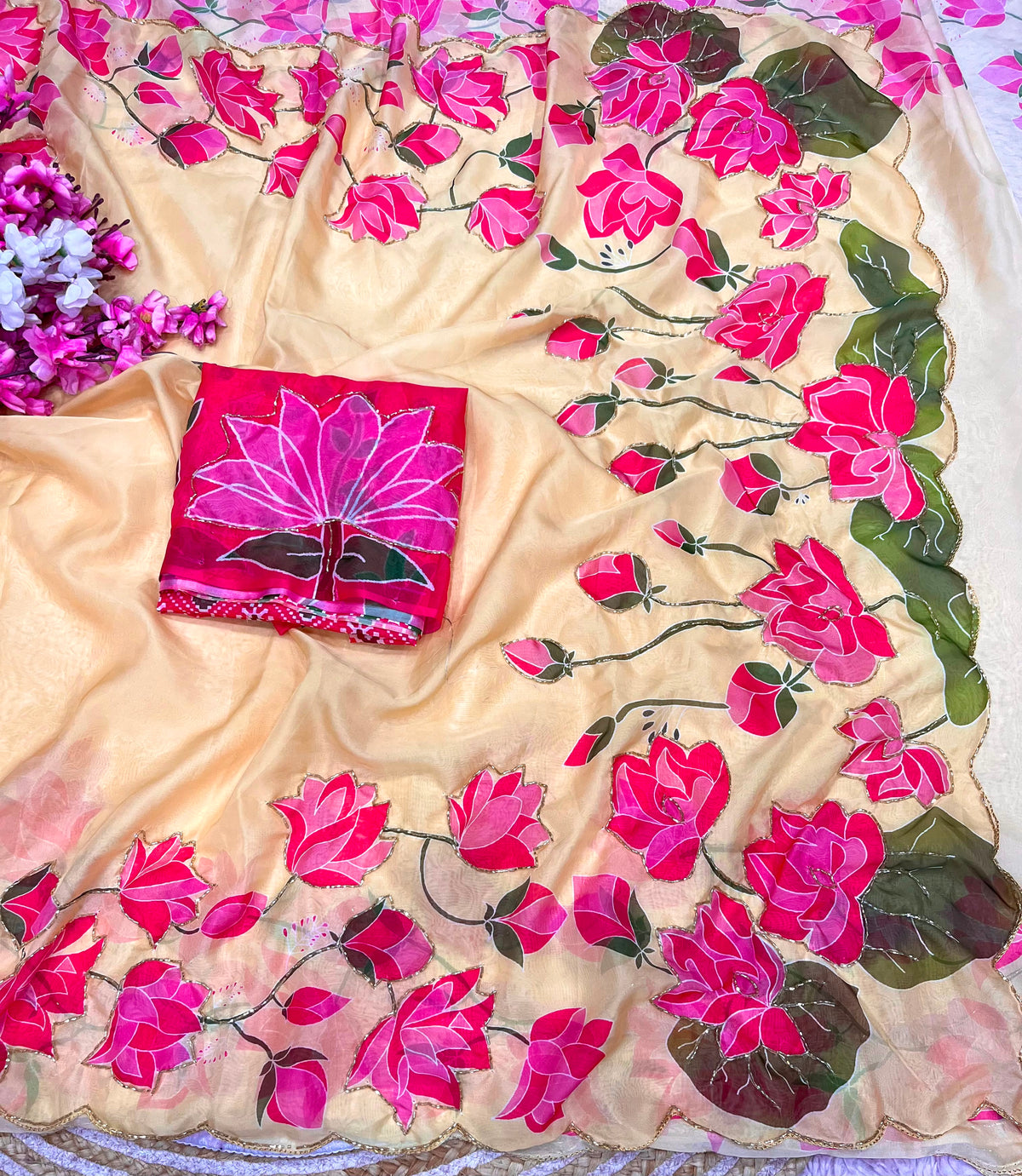 Beautiful lotus floral print saree with cutdana work