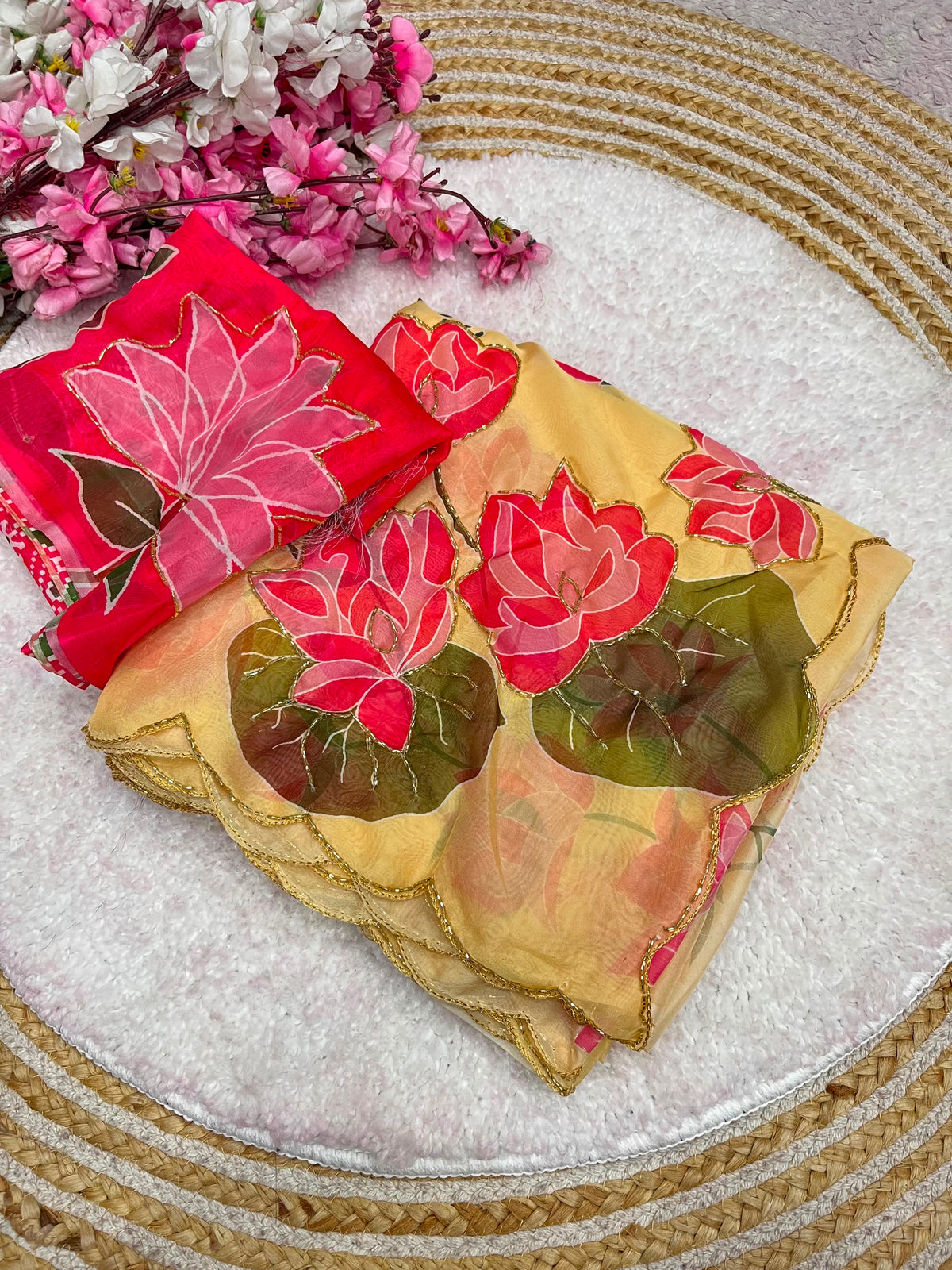 Beautiful lotus floral print saree with cutdana work