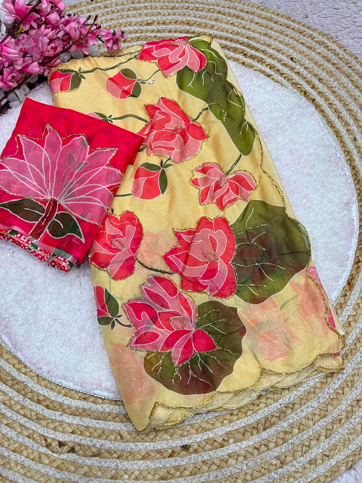 Beautiful lotus floral print saree with cutdana work