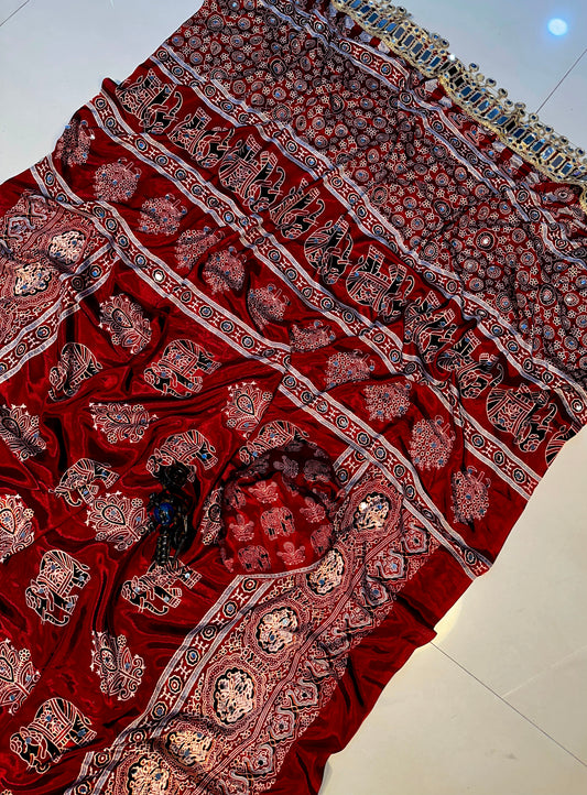 Pure Ajrakh satin viscose  saree