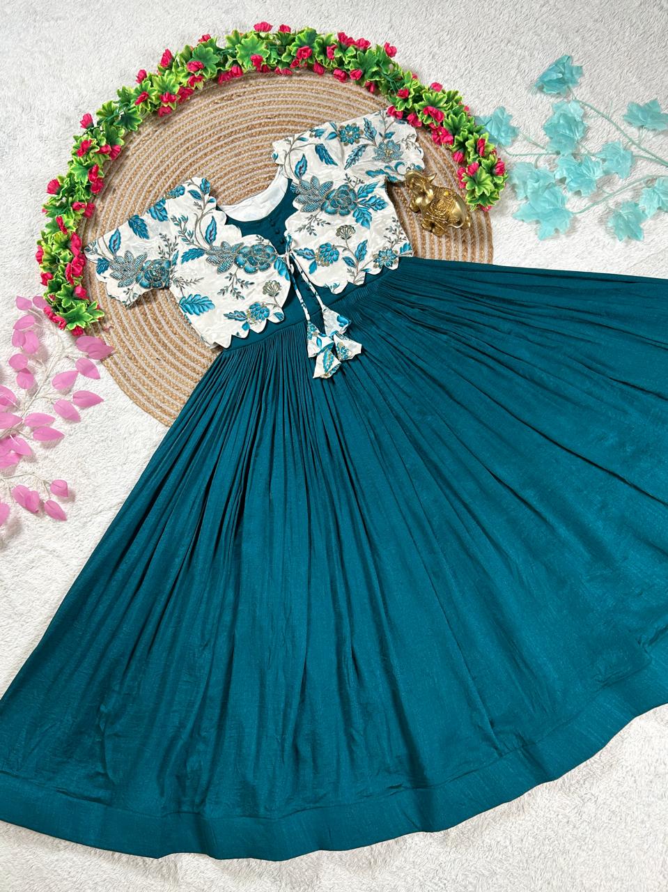 Beautiful full frock with position printed jacket