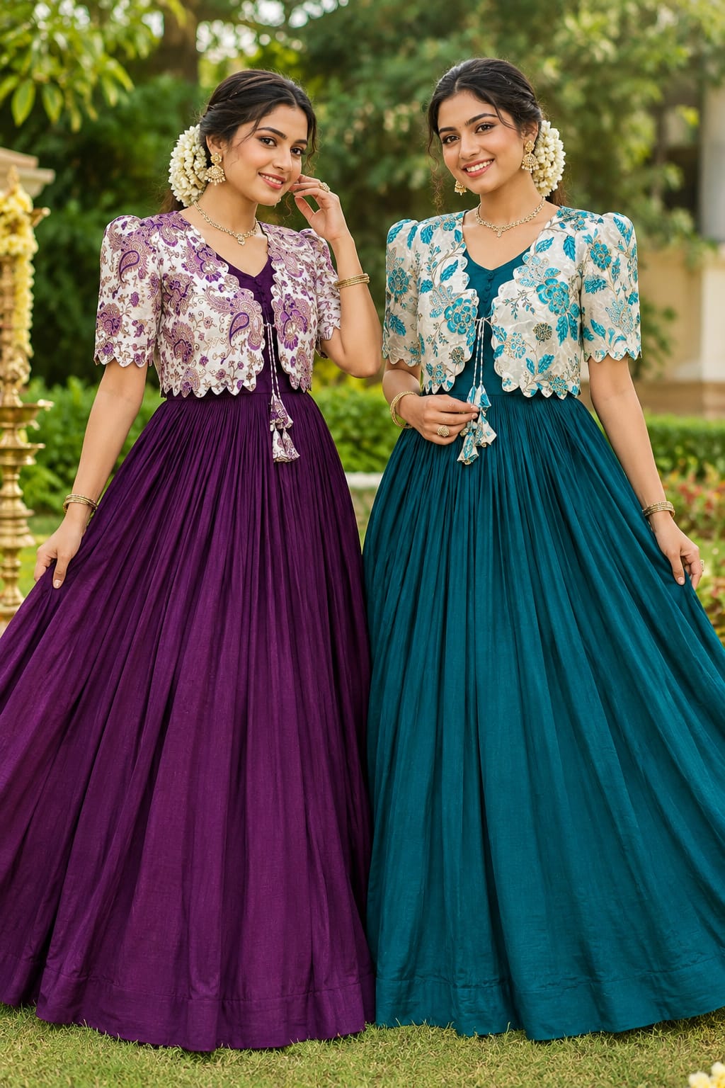 Beautiful full frock with position printed jacket