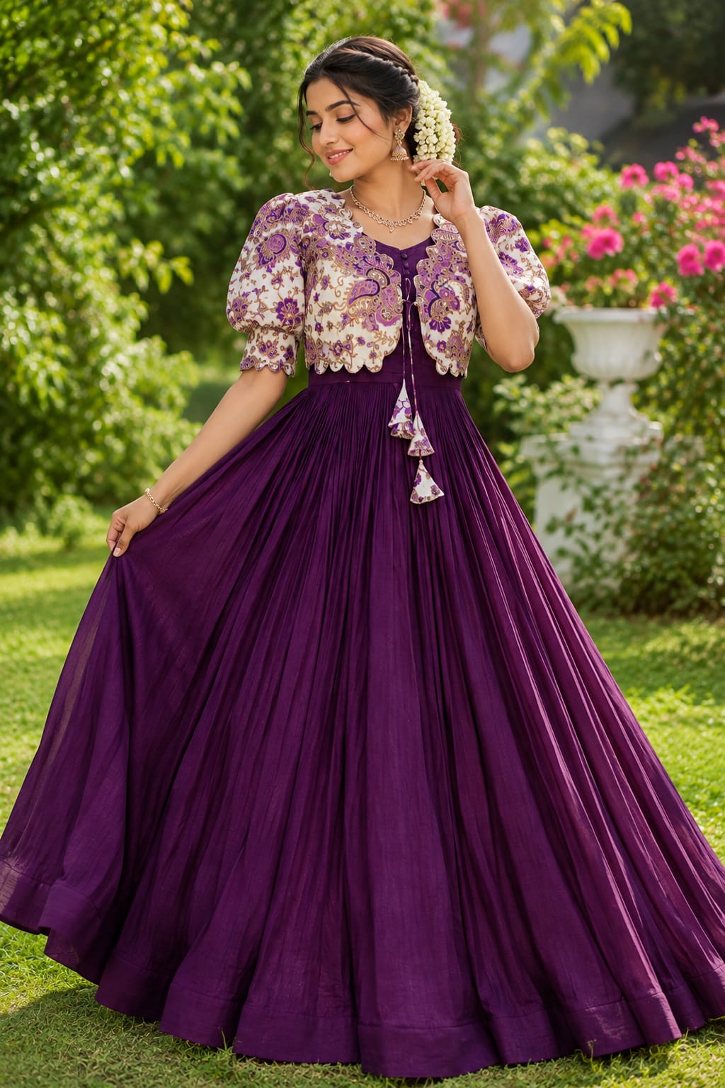 Beautiful full frock with position printed jacket