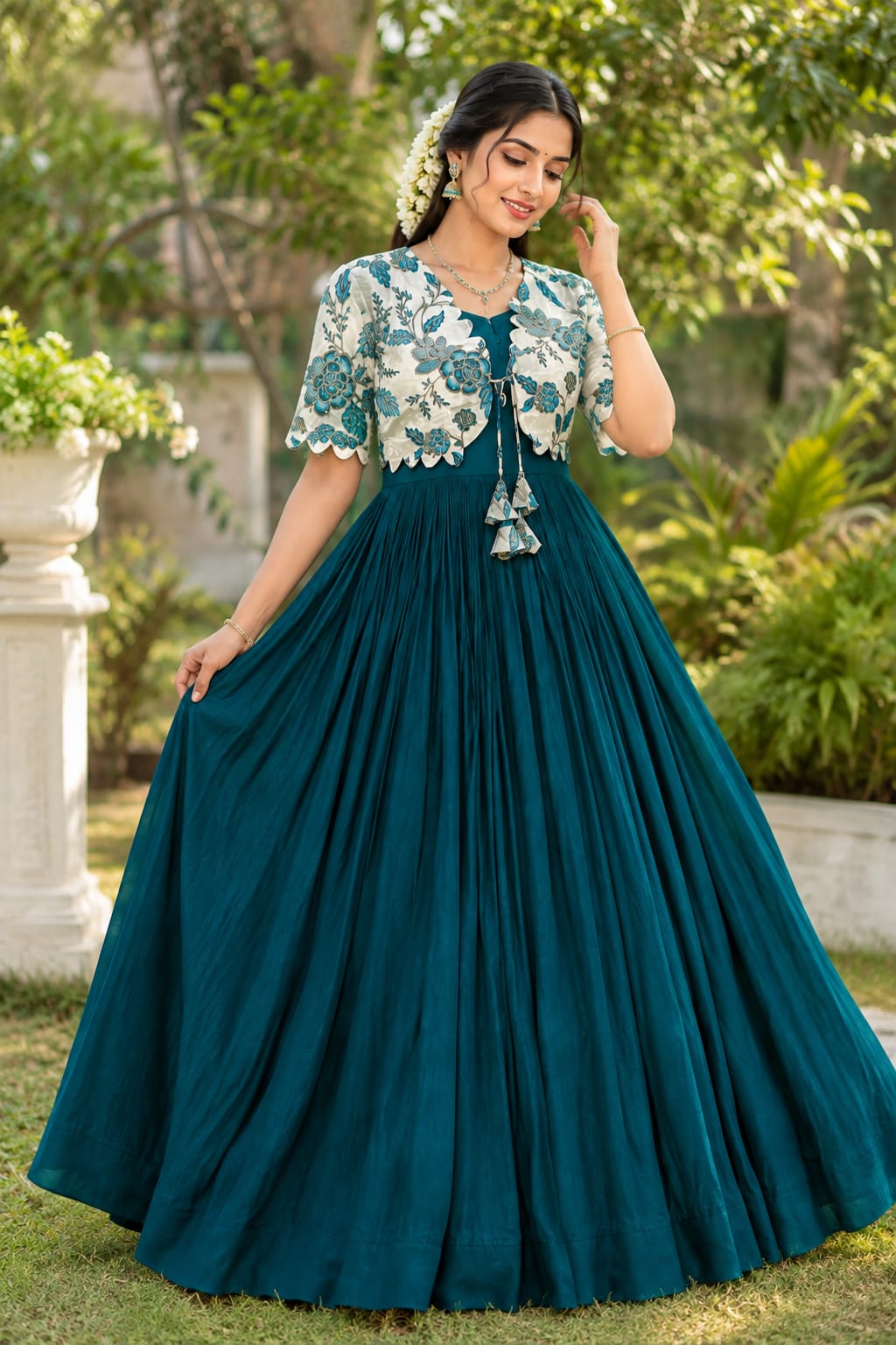 Beautiful full frock with position printed jacket