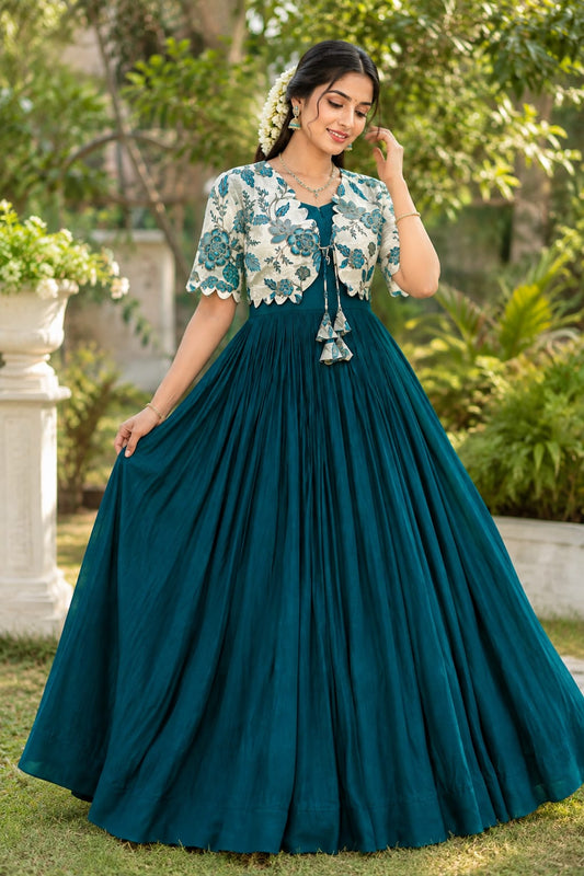 Beautiful full frock with position printed jacket