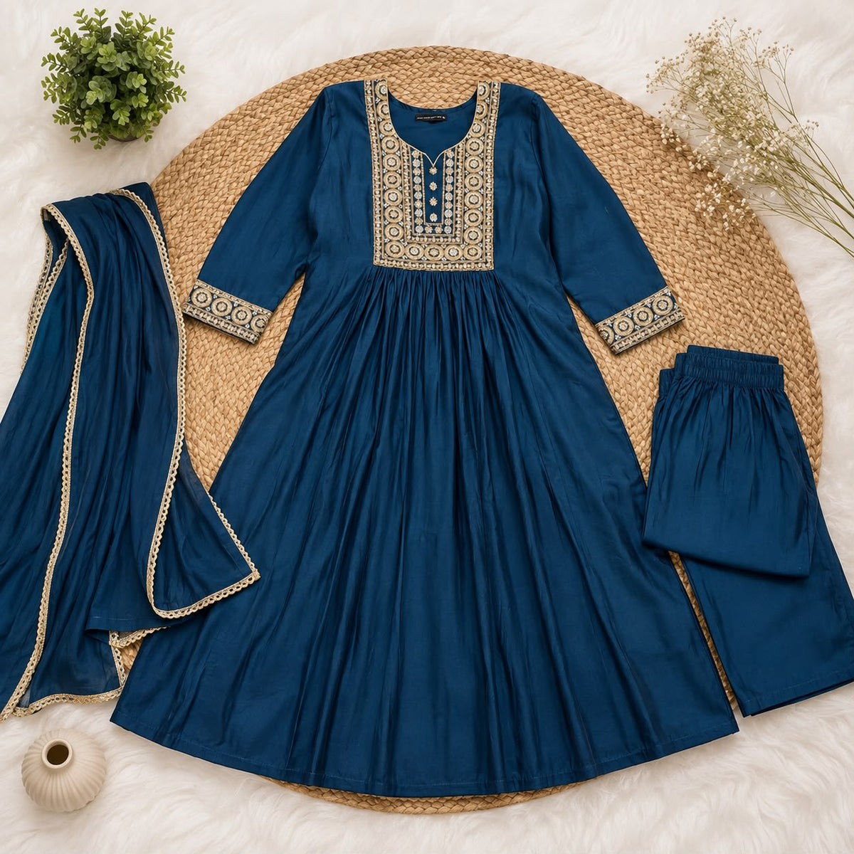 Mul chanderi three piece kurta  set
