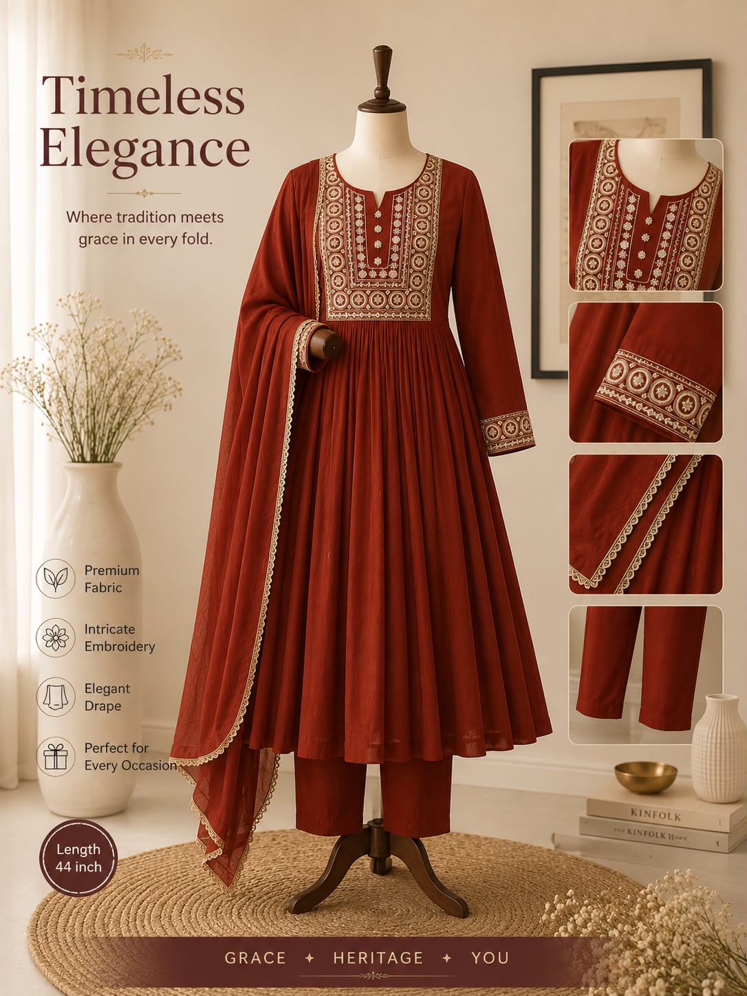 Mul chanderi three piece kurta  set