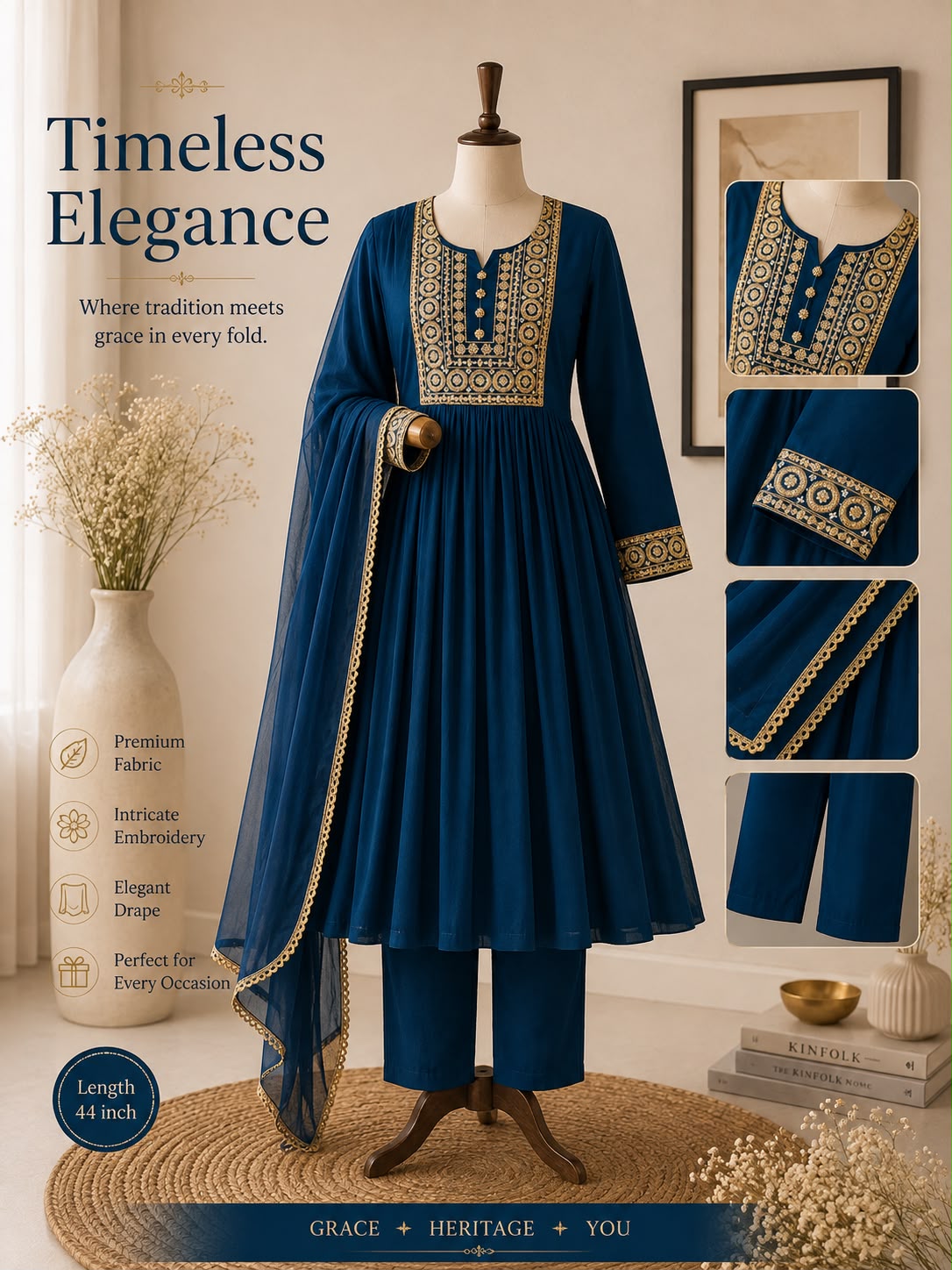 Mul chanderi three piece kurta  set