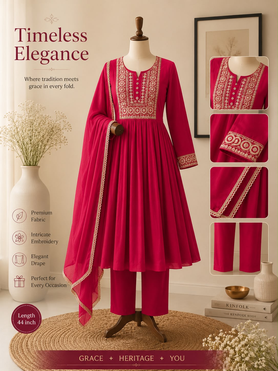 Mul chanderi three piece kurta  set