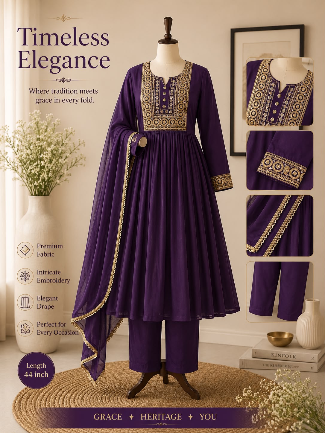 Mul chanderi three piece kurta  set
