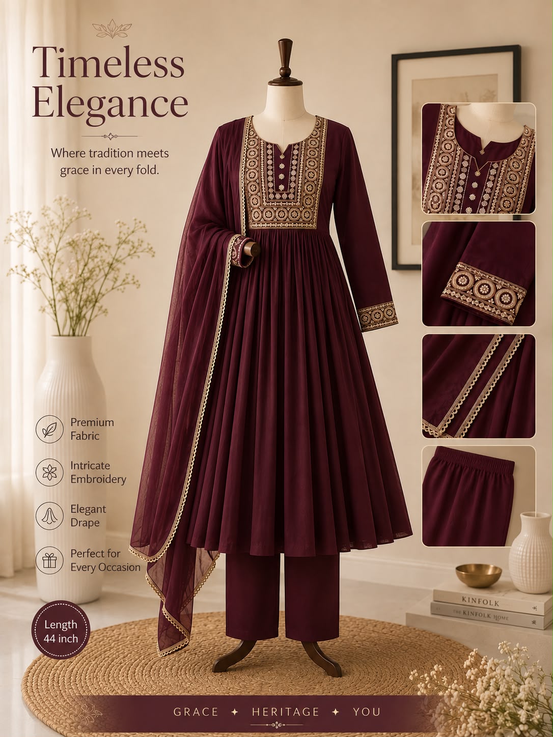 Mul chanderi three piece kurta  set