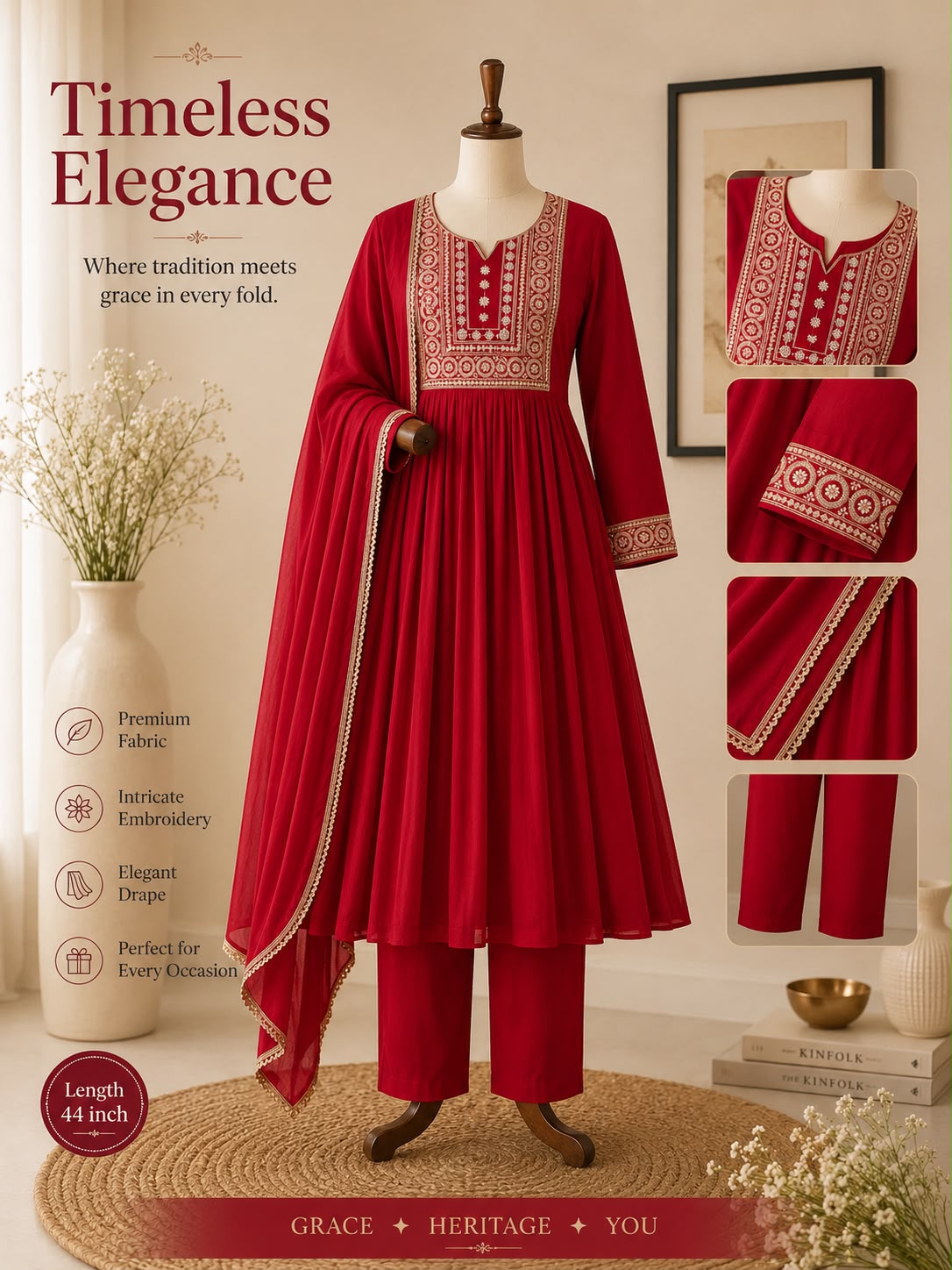 Mul chanderi three piece kurta  set