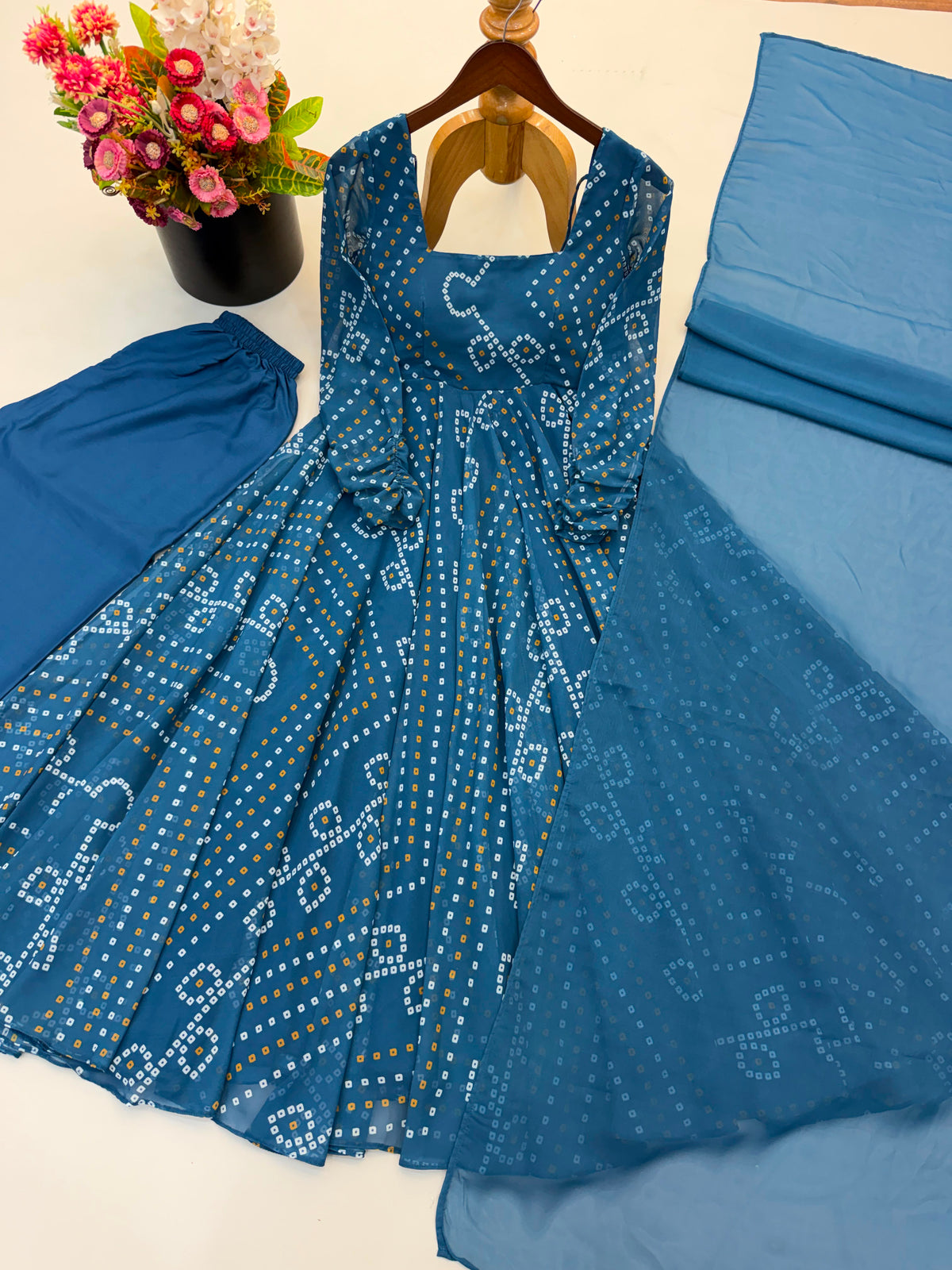Faux georgette Anarkali three piece set