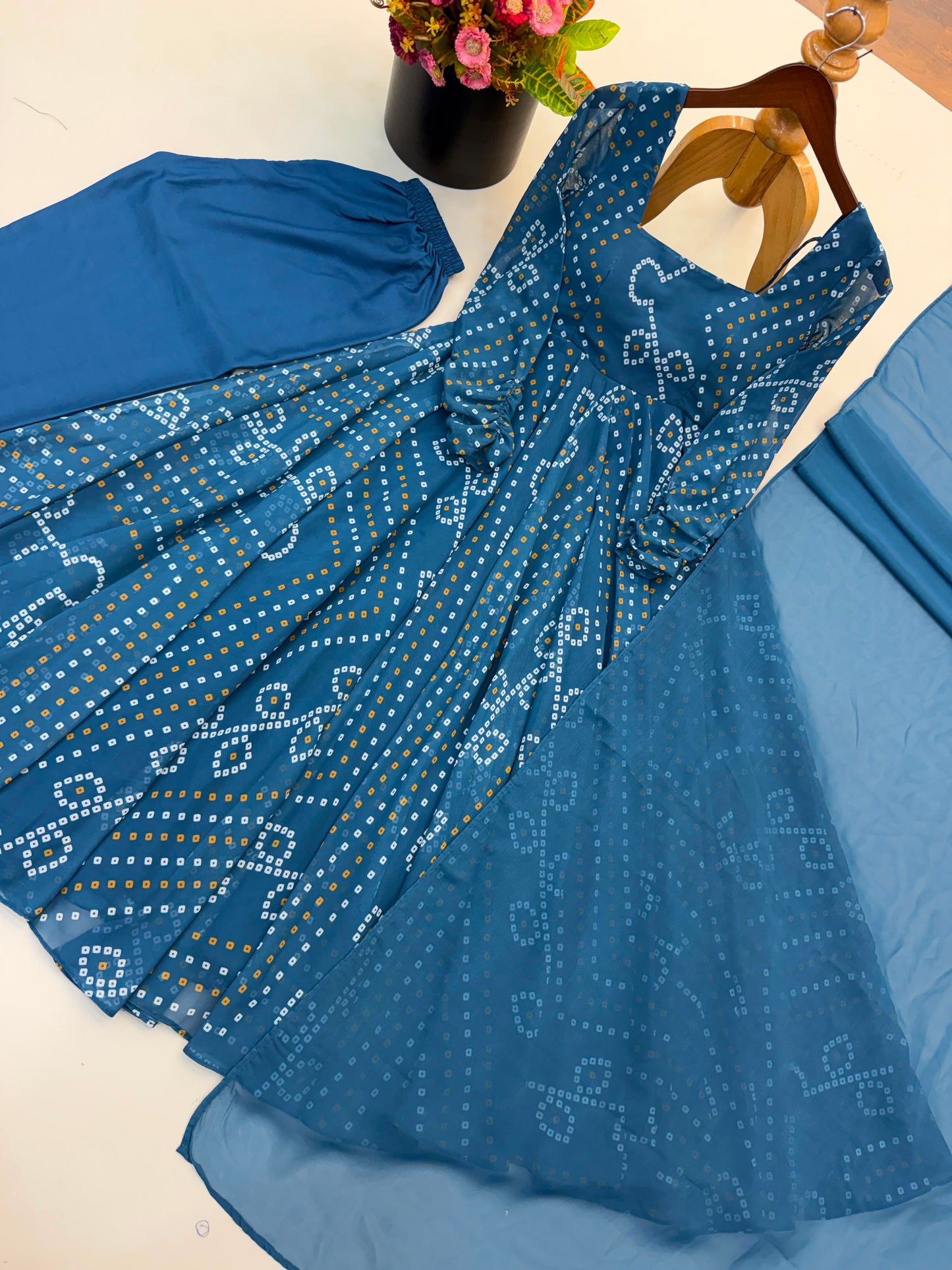 Faux georgette Anarkali three piece set