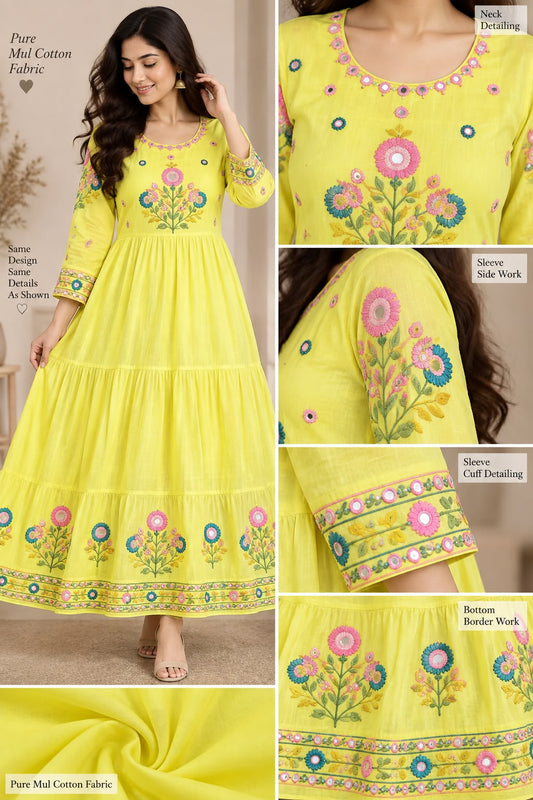 Mul cotton embroidery work maxi frocks